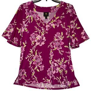 JM Collection Womens Medium Floral V-Neck Top Flutter Sleeves Crepe Blouson